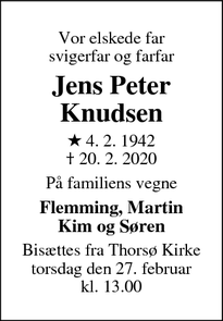 Dødsannoncen for Jens Peter Knudsen - Hammel