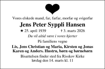 Dødsannoncen for Jens Peter Syppli Hansen - Hellerup
