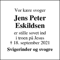Dødsannoncen for Jens Peter
Eskildsen - Skjern