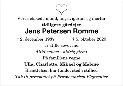 Dødsannoncen for Jens Petersen Romme - Vanløse