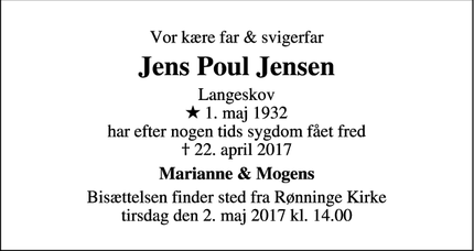Dødsannoncen for Jens Poul Jensen - Langeskov