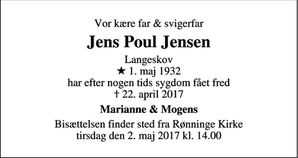 Dødsannoncen for Jens Poul Jensen - Langeskov