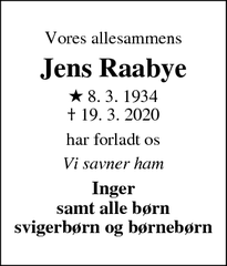 Dødsannoncen for Jens Raabye - Hellerup