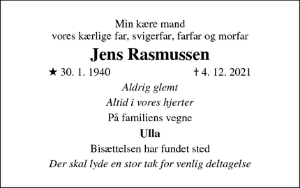 Dødsannoncen for Jens Rasmussen - Odense