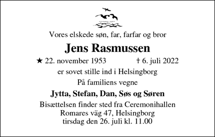 Dødsannoncen for Jens Rasmussen - Helsingborg