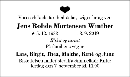Dødsannoncen for Jens Rohde Mortensen Winther - Beder