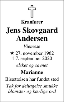 Dødsannoncen for Jens Skovgaard Andersen - -
