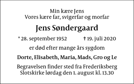 Dødsannoncen for Jens Søndergaard - Frederiksberg