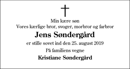 Dødsannoncen for Jens Søndergård - Vejers Strand