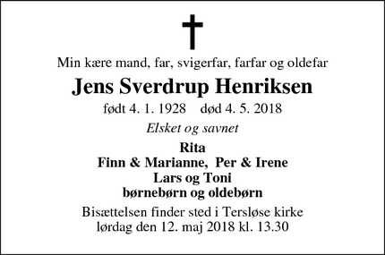 Dødsannoncen for Jens Sverdrup Henriksen - Høng