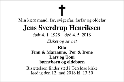 Dødsannoncen for Jens Sverdrup Henriksen - Høng