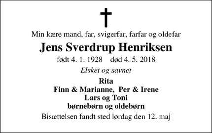 Dødsannoncen for Jens Sverdrup Henriksen - Høng