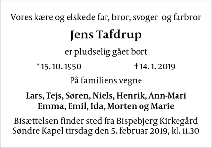 Dødsannoncen for Jens Tafdrup - København