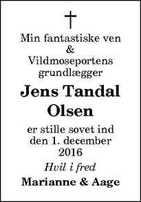 Dødsannoncen for Jens Tandal Olsen - Sulsted