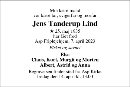 Dødsannoncen for Jens Tanderup Lind - Struer dagblad