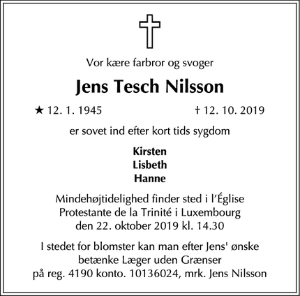 Dødsannoncen for Jens Tesch Nilsson - Luxembourg