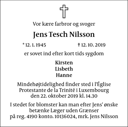 Dødsannoncen for Jens Tesch Nilsson - Luxembourg