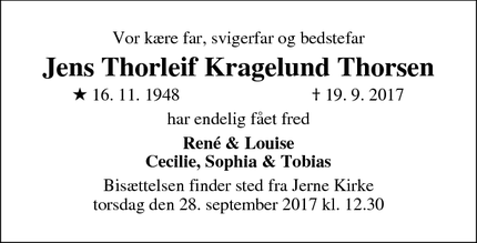 Dødsannoncen for Jens Thorleif Kragelund Thorsen - Esbjerg, Danmark