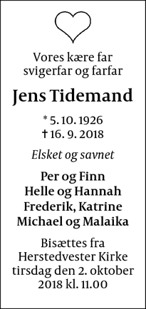 Dødsannoncen for Jens Tidemand - Gentofte