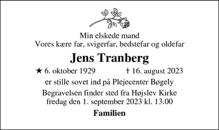 Dødsannoncen for Jens Tranberg - Ørslevkloster