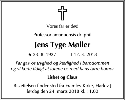 Dødsannoncen for Jens Tyge Møller - Aarhus