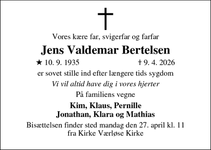 Dødsannoncen for Jens Valdemar Bertelsen - Værløse