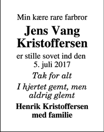 Dødsannoncen for Jens Vang Kristoffersen - Støvring