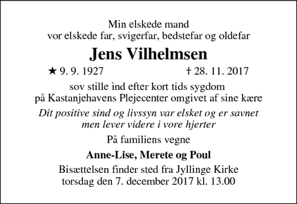 Dødsannoncen for Jens Vilhelmsen - Jyllinge