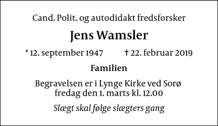 Dødsannoncen for Jens Wamsler - Sorø
