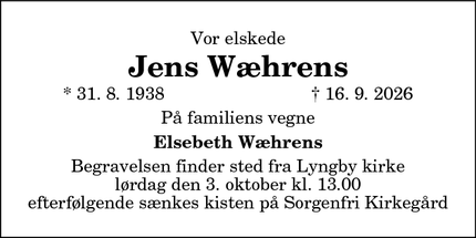 Dødsannoncen for Jens W&aelig;hrens - Frederikshavn