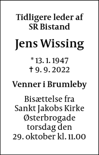 Dødsannoncen for Jens Wissing - København