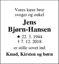 Dødsannoncen for Jens
Bjørn-Hansen - Frederikshavn