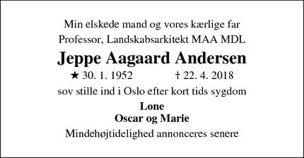Dødsannoncen for Jeppe Aagaard Andersen - Hellebæk