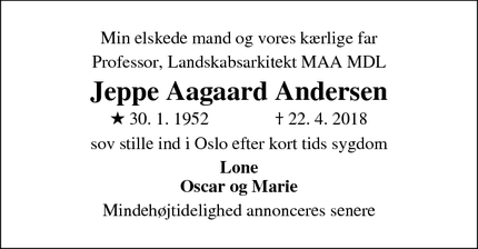Dødsannoncen for Jeppe Aagaard Andersen - Hellebæk