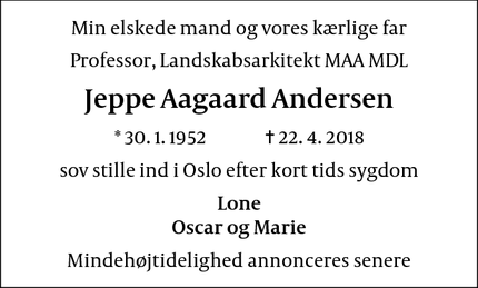 Dødsannoncen for Jeppe Aagaard Andersen - Hellebæk