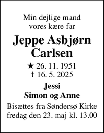 Dødsannoncen for Jeppe Asbjørn
Carlsen - Søndersø