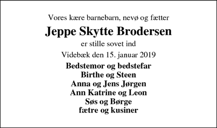 Dødsannoncen for Jeppe Skytte Brodersen - Videbæk