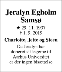 Dødsannoncen for Jeralyn Egholm
Samsø - Kolby Kås, 8305 Samsø