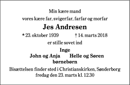 Dødsannoncen for Jes Andresen - Sønderborg