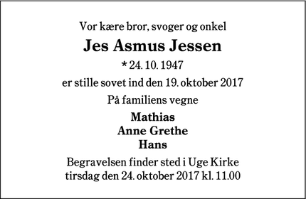 Dødsannoncen for Jes Asmus Jessen - Tinglev