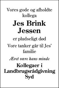 Dødsannoncen for Jes Brink
Jessen - Varde