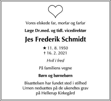 Dødsannoncen for Jes Frederik Schmidt - Charlottenlund