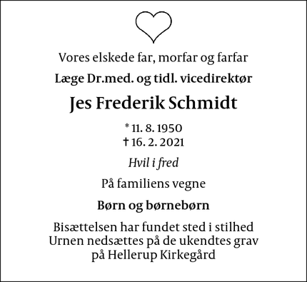 Dødsannoncen for Jes Frederik Schmidt - Charlottenlund