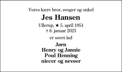 Dødsannoncen for Jes Hansen - Ribe