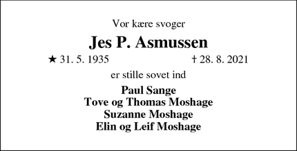 Dødsannoncen for Jes P. Asmussen - Aabenraa