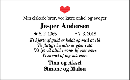 Dødsannoncen for Jesper Andersen - Herning