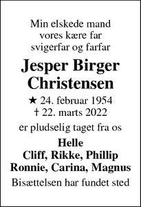 Dødsannoncen for Jesper Birger Christensen - højby