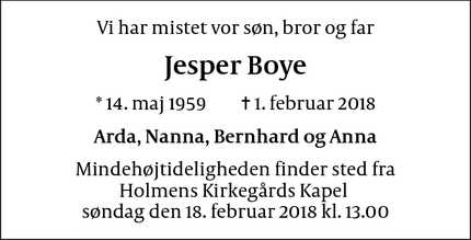 Dødsannoncen for Jesper Boye - Svaneke