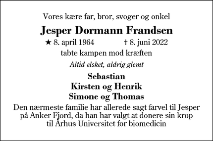 Dødsannoncen for Jesper Dormann Frandsen - Ikast