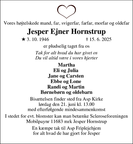 Dødsannoncen for Jesper Ejner Hornstrup - Linde